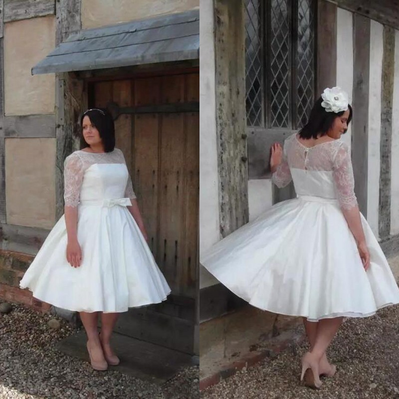 

Plus Size Short Knee Length Wedding Dresses 2017 Vintage Lace Half Sleeve Satin With Bow Sash Country Bridal Gowns Custom Made EN10193, Custom made from color chart