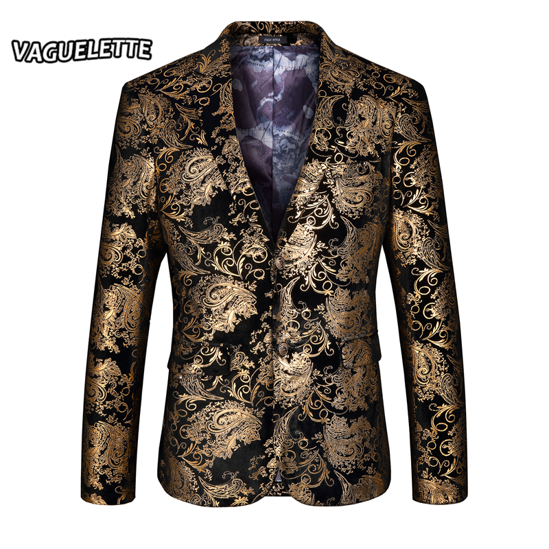 

Wholesale- Stylish Golden Blazer Men Printed Paisley Floral Suit Jacket Wedding Party Stage Clothes For Singer Gold Blazer For Men -4XL