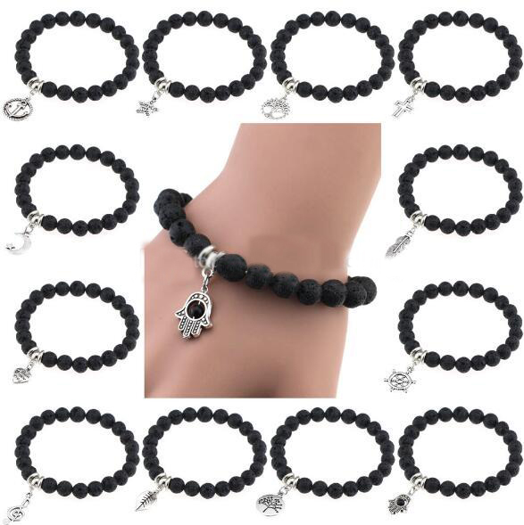 

Natural Black Lava Stone Bracelets Chakra Bead Cross Life Tree Heart Charm Bracelet for Men Women Stretch Yoga Jewelry