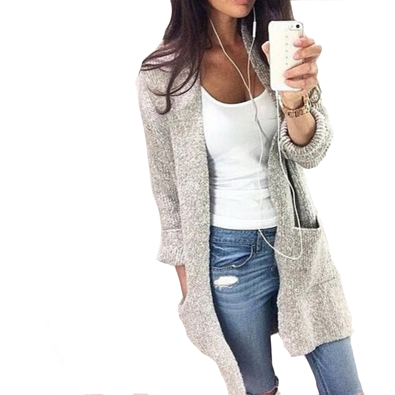 Vente en gros - Automne Hiver Fashion Femmes manches longues Cardigan Cardigan Casual Pocket Pull Tricot Outwear Femme Veste Tops WDC491