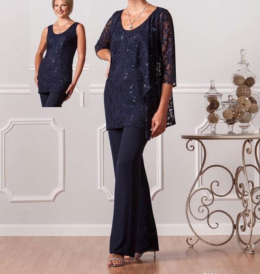 

2019 New Fashion Formal Pant Suits For Mothers Bride Custom Plus Size Mother Of The Groom Dresses Lace Womens Navy Blue Dresses Evening