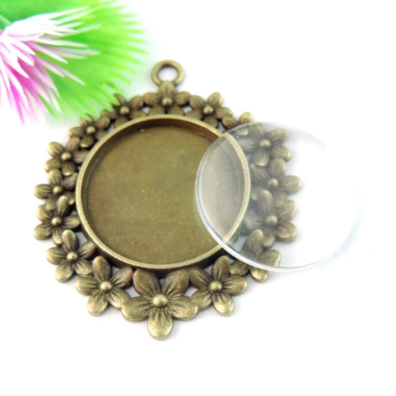 25mm Hot 10pcs Antique Bronze Flower Cabochon Clear Glass Cabochons Cameo settings Glass Cover Charms Jewelry Crafts Handmade findings-image-379655422