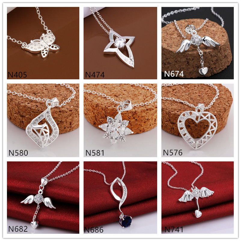 

Burst models women's gemstone sterling silver plated Pendant Necklace GTP9,heart hollow 925 silver plate Necklace(with chain) mixed style
