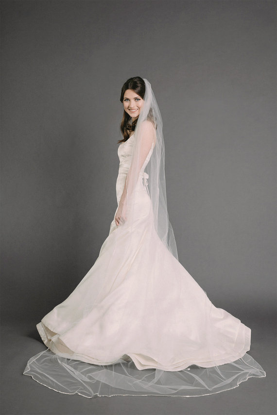 

One Layer Cathedral Length Wedding Veil Beaded Edge White Iovry Champagne Bridal Veil With Comb