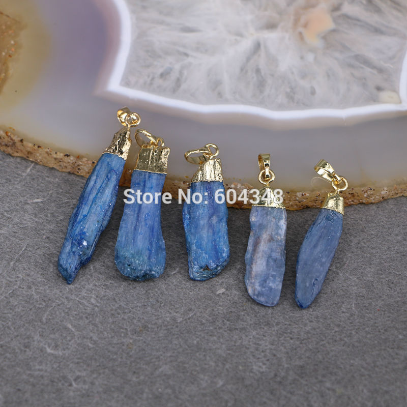 P5 5pcs Natural Kyanite Gem stone Pendant Beads, Gold Plated Blue Kyanite Druzy Pendants For Jewelry Making