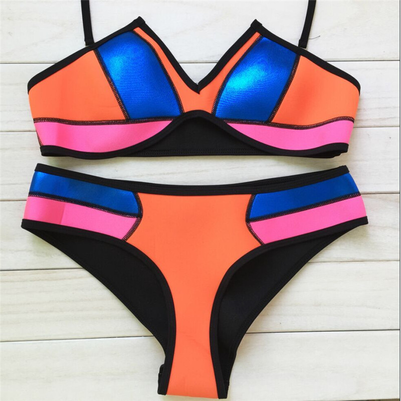 

2016 New neoprene swimsuit splicing multicolor bikini swimwear sexy bikini, Orange