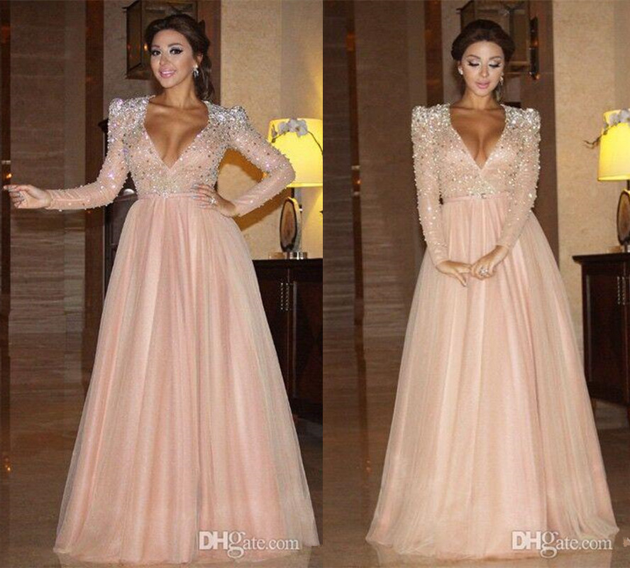 Gorgeous 2021 Dresses V Neck Long Sleeve Baby Pink A Line Evening Wear Heavy Crystal Beaded Formal Celebrity Red Carpet Prom Evening Dress