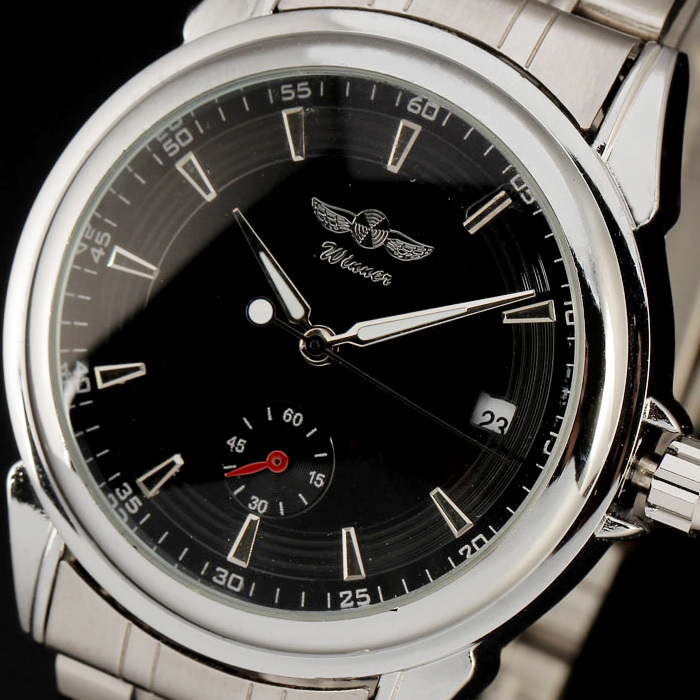 

WINNER Simple Automatic Mechanical Men Watches Gift Stainless Case Auto Date Dial Vintage Full Steel Strap Dress Wristwatch, Black