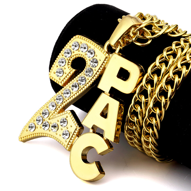 

Fashion Rock Top quality 24k Gold Plated Hip hop Rapper DJ Alloy 2PAC Letter crystal 2 PAC Letter Pendants long Necklaces 80cm Long jewelry