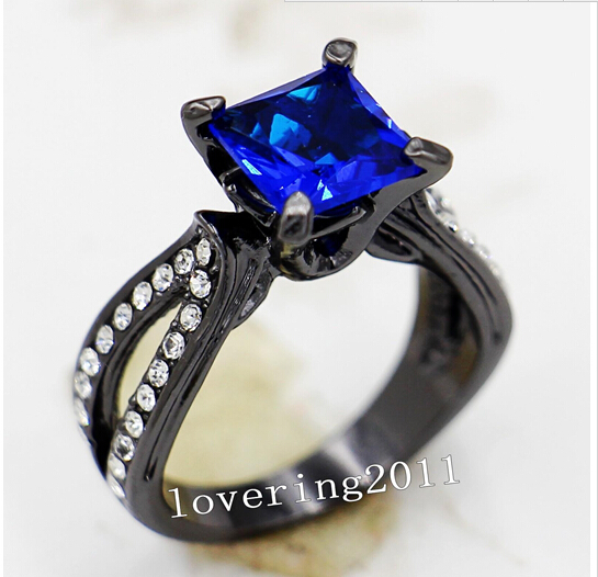 

Wholesale - Size5/6/7/8/9/10 Vintage Lovers Jewelry 10KT Black Gold Filled sapphire Gem women lady&039;s Wedding Engagement Ring for love gi