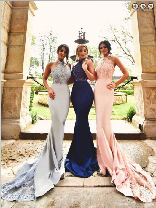 Sheath Halter Lace Plus Size Long Blush Bridesmaid Dresses Cheap Wedding Quality Custom Party Evening Dresses