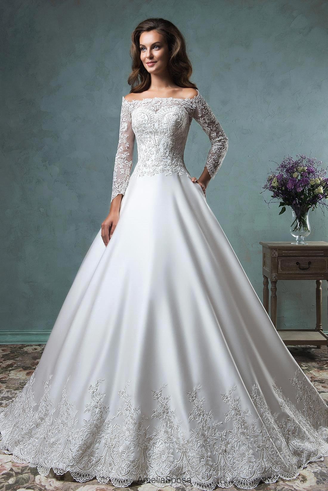 

2019 New Bateau Lace Wedding Dresses Long Sleeves Princess Court Train Custom Wedding Dress Bridal Gowns, White