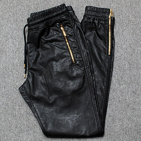Vente en gros-Hommes Joggers PU Cuir Pantalon Pantalon Fermeture Zipper Side 2016 Nouvelle mode Pantalon en cuir mâle Livraison gratuite