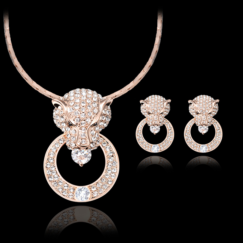 

Earrings Necklace Jewery Set Luxury Women Quality Full Rhinestone 18K Gold Plated Alloy Leopard Head Party Jewelry 2-Piece Set JS107