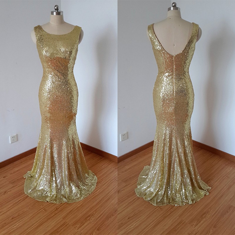 

Sexy Sequin Pronm Evening Dresses Bateau Neckline Mermaid Low Cut Back Sweep Train Sparkly Gold Girls Party Dresses, Ivory