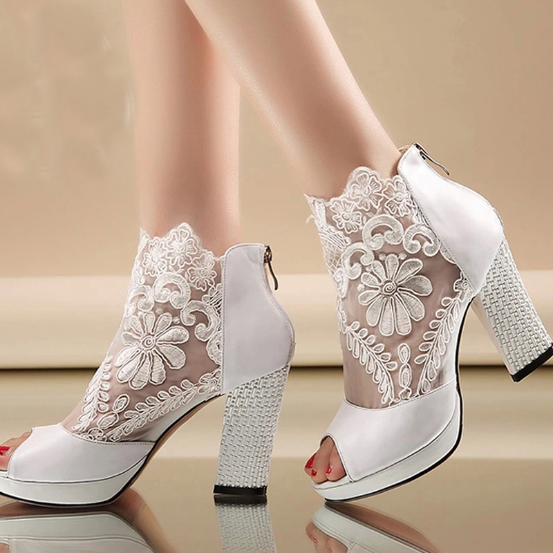 

New Fashion Peep Toe Summer Wedding Boots Sexy White Lace Prom Evening Party Shoes Bridal High Heels Lady Formal Dress Shoes