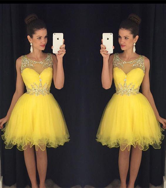 

2016 Cheap Homecoming Dresses Jewel Neck Yellow Tulle Crystal Beaded A Line Short Party Prom Graduation Hollow Back Formal Cocktail Gowns, Black