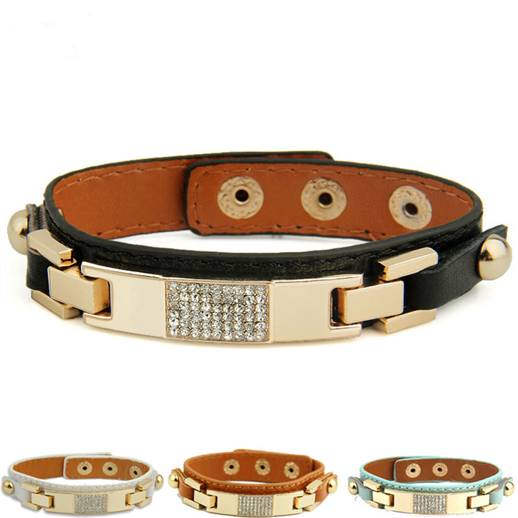 

Factory Wholesale Jewelry Real 18K Gold Plated Black Leather Bracelets & Bangles With Crystal Fashion Jewelry Gift for Women, Golden;silver