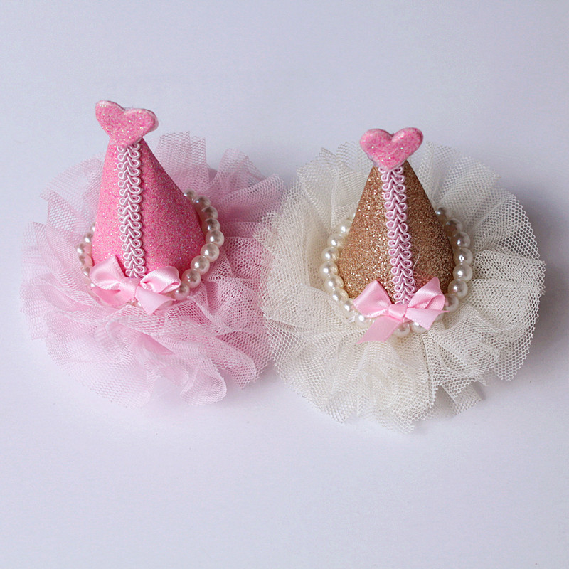 

2016 12pcs/lot Glitter Faux Leather Hair Clips Gauze Lace Christmas Hat Hairpins with Hearts Pink Champagne Gold Baby Party Barrettes, Champange gold