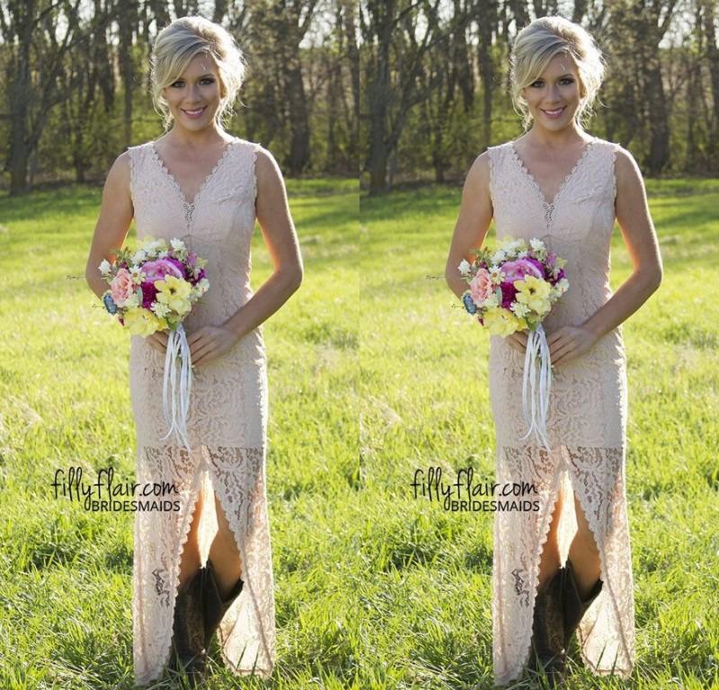 

Country Wedding Whole Lace Bridesmaid Dresses 2016 Party Prom Dresses Hi-Lo Junior Bridesmaids Dresses Front Split V Neck Beach Garden Dress
