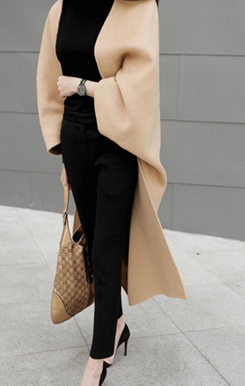 

Wholesale-2016 New Arrival Batwing Sleeve Cloak Open Stitch Full X-long Solid V-neck Wool & Blends, Grey 115cm length