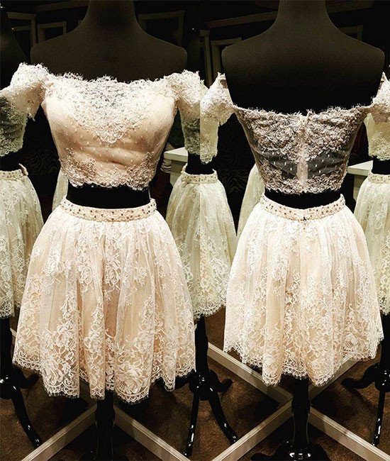 

Off Shoulder Lace Homecoming Dresses Elegant Bateau Neck Short Sleeves Beaded Two Piece White Red Blue Prom Dresses Cute Party Dresses, Purple