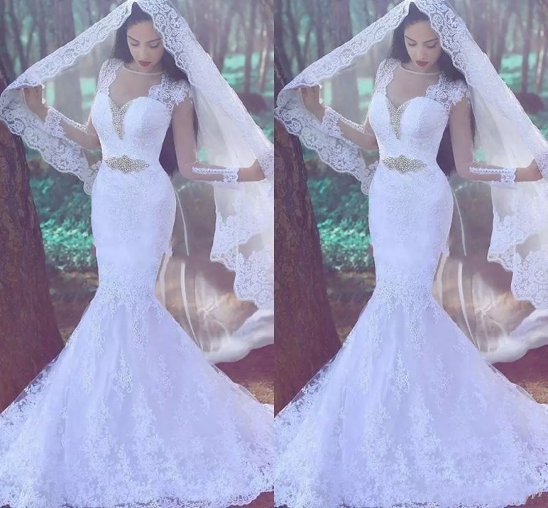 

Illusion Mermaid Wedding Dress Free Shipping Sheer Neck Lace Applique Beads Custom Made High Quality Floor Length Wedding Dresses, Custom made from color chart