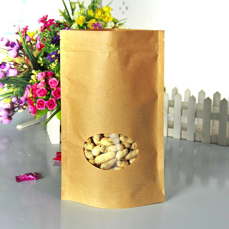 

50pcs/lot 20cm*30cm+5cm*140micron High Quality Large Stand Up With Zipper Kraft Paper Bag With Circle Window