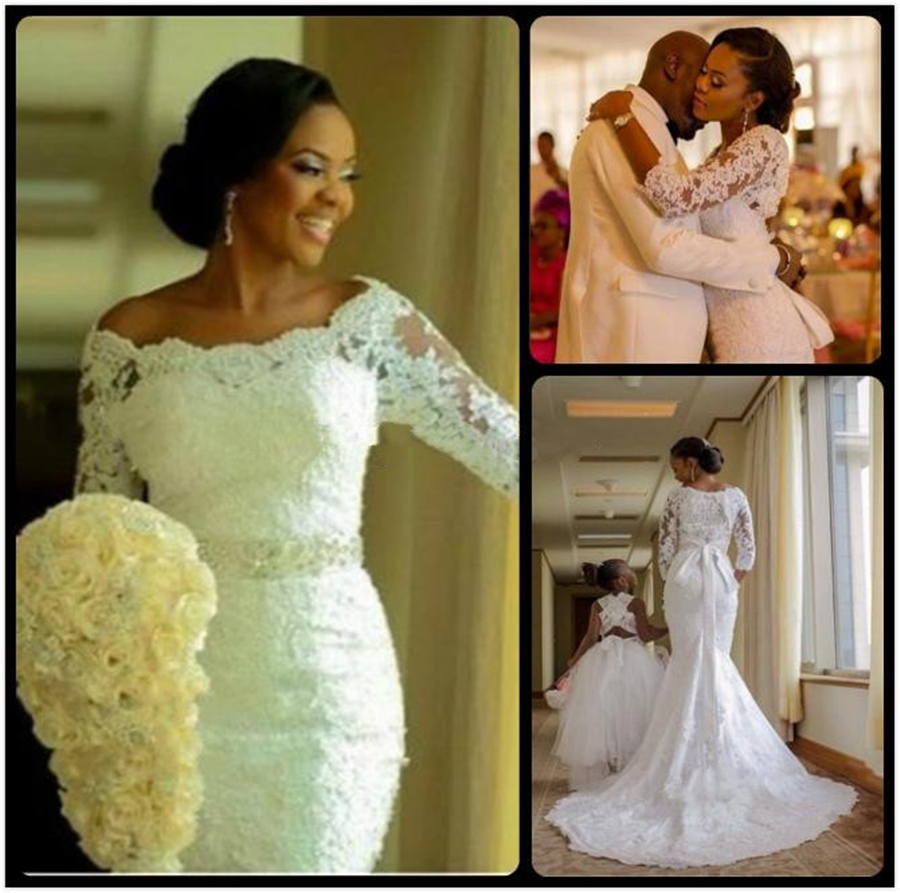 

New Fashion Nigerian 3/4 Long Sleeve Applique Lace Mermaid Wedding Dresses With Crystals Off The Shoulder Bridal Dress
