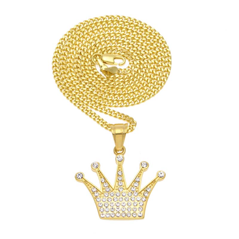 

Hip Hop Necklace Pendant Gold Plated Diamond Crown Pendant Stainless Steel Bling Pling Cuban Chain Free Shipping
