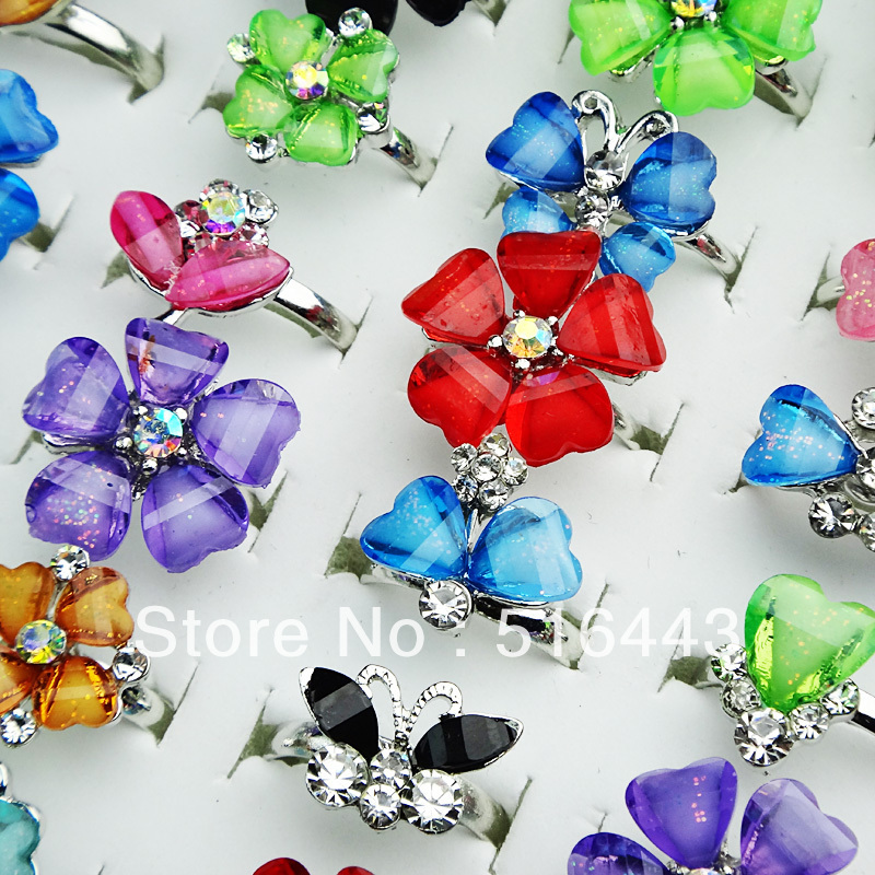 

A-009 Wholesale Fashion Jewelry 10pcs Crystal Resin Rhinestones Flower Butterfly Mix Style Rings Free Shipping