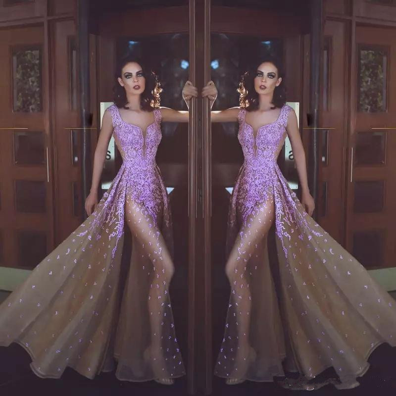 

Sexy Champagne Mermaid Illusion Prom Dresses Deep V-neck Applique Lace Evening Gowns Front Split Party Dress