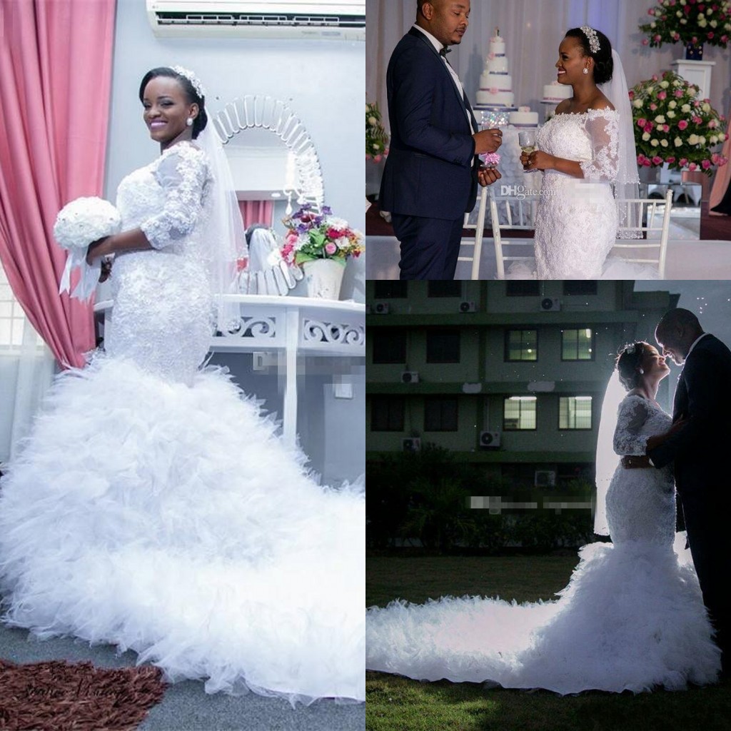 

2020 African Mermaid Wedding Dresses New Off Shoulder Long Sleeves Lace Appliques Beaded Plus Size Chapel Train Tulle Ruffles Bridal Gowns, Ivory