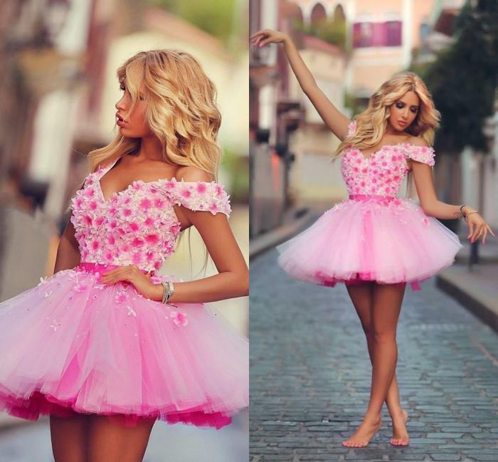 

2021 Sexy Ball Gown Short Off Shoulder Pink Tulle Flowers Plus Size Homecoming Dresses Pink Ruffle Plus Size Cocktail Dresses Quality, Gold
