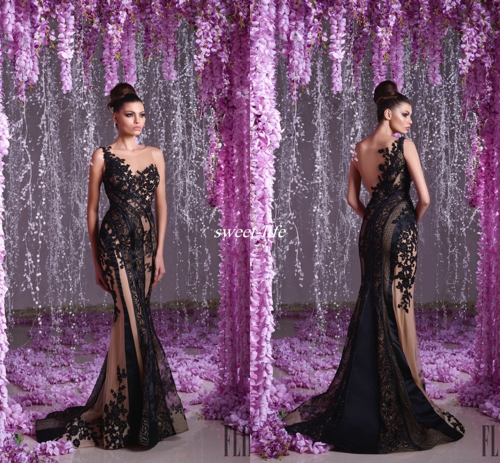 

Hanna Toumajean Arabic Evening Dress Black Mermaid Lace Applique Beads Trumpet See Through Prom Gowns Sheer Neck Sexy 2020 Party Dresses, Coral