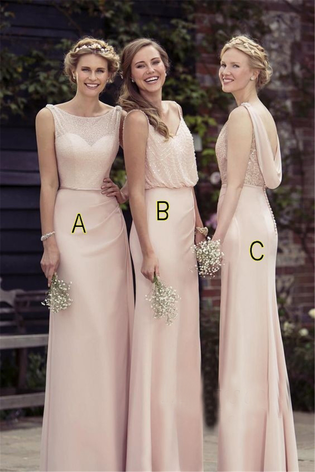 

Apricot Long Chiffon Cheap Bridesmaid Dresses 3 Styles Nude Long Party Formal Dress vestido playa blanco