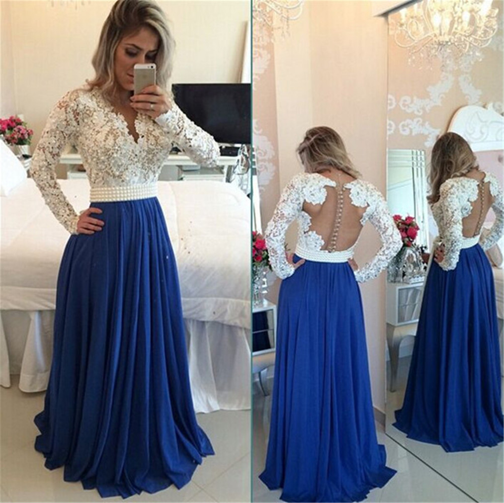 

Glamorous Long Sleeve Chiffon Prom Dress With Pearls And Lace Appliques White and Blue Evening Dress formal women dress, Purple
