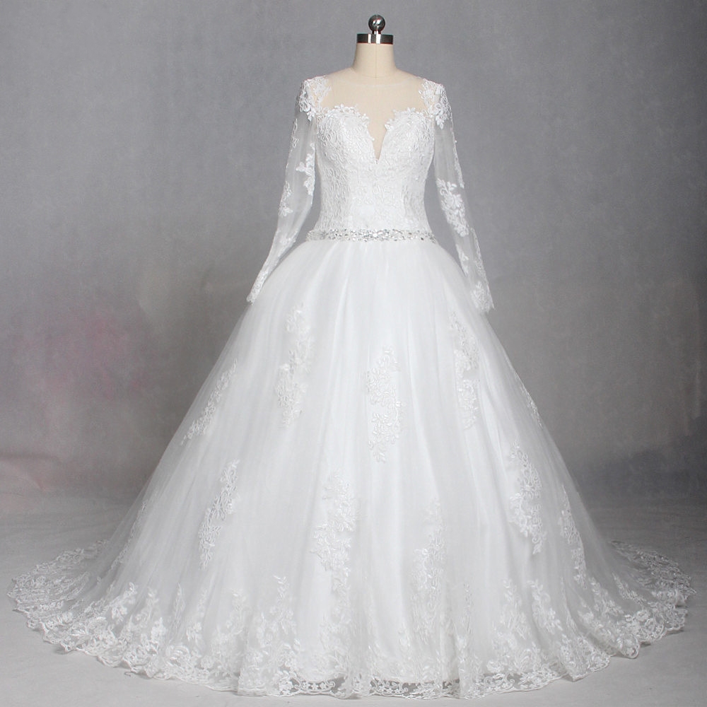 

Vintage Lace Ball Gown Wedding Dresses New Arrival Long Sleeve Sheer Neck Beaded Tulle Puffy Vestido De Noiva Wedding Gowns Real Photos, Custom made from color chart