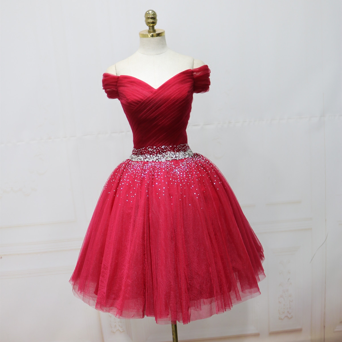 

Dark Red Short prom Dresses Off Shoulder Lace-up Back Pleats Tulle with Sparkling Beads Sequins Royal Blue,Black,Burgundy,Lavender Evening, Light sky blue