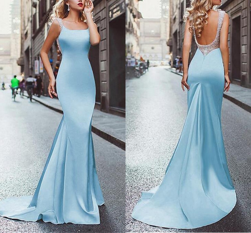 

Light Blue Satin Mermaid Evening Dresses Square Neck Beaded Backless Evening Dresses Sexy Prom Dresses Formal Evening Dress, Black