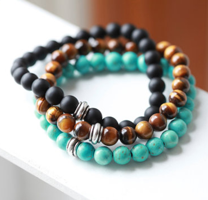 SN0041 Designer 8 mm Natural Stone tiger eye Turquoise Onyx Black beaded Mens Bracelet with alloy bead