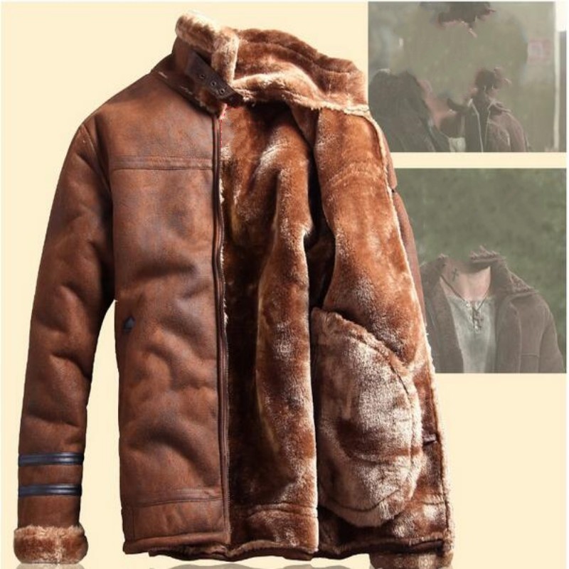 

Wholesale- 2017 Winter Fashion Mens Stand Collar Coats High Quality Thick Fur Lining Jackets Suede Leather Warm Winter Jacket Vintage Coat, Deep coffee
