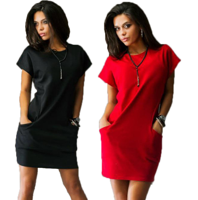 

Wholesale-2016 Fashion Summer women dresses sexy o-neck Black and red dress Casual Batwing Short sleeve pockets mini Shirt Dress