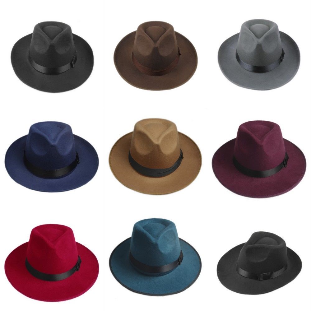 Black Vintage Women Men Wool Felt Ribbon Wide Brim Fedora Trilby Hat Floppy Cap