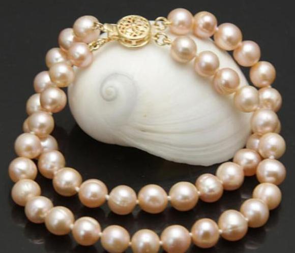 

Double Strands 9-10mm Pink Pearl Bracelet 7.5-8 Inch Gold Clasp