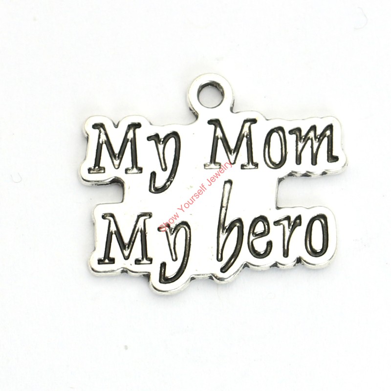 15pcs Antique Silver Plated My Mom my Hero Charms Pendants for Bracelet Jewelry Making DIY Necklace Craft 20x25mm-image-387350334