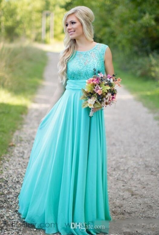 

Turquoise Bridesmaid Dresses Country Scoop Neck Chiffon Floor Length Lace V Backless Long Formal Maid of Honor Dress for Bride