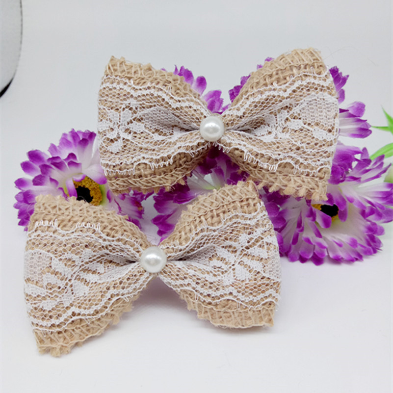 

Wholesale- New 10pcs Jute Burlap Hessian Ribbon cute Bowknot/Vintage Wedding Decoration/Burlap Scrapbooking white lace Hair Bow/Hat craft*