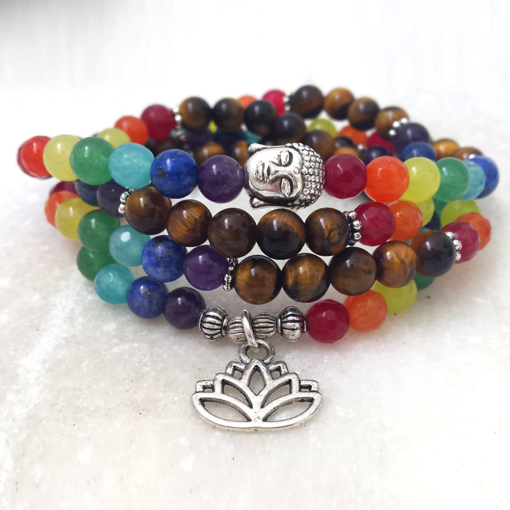 SN1156 mode 108 perles Mala Bracelet ou collier Chakra oeil de tigre Bracelet Lotus bracelet à breloques livraison gratuite