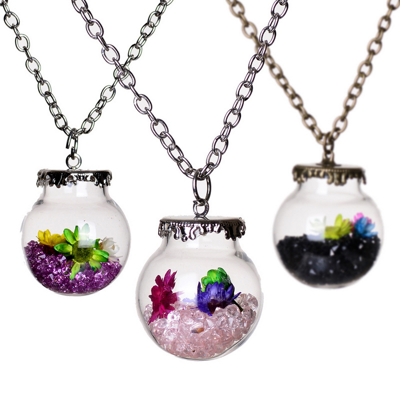 

Original Drifting Bottle Lively Pendent Round Glass Necklace Creative Natural Drift Sand Women Dry Flower Necklace Girls Christmas Gift